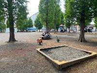 大きな樹木が点在している奥に、ピンク色の三角屋根のある複合遊具、ブランコ、手前に動物の形をした2つのスプリング遊具が設置されている公園内の写真