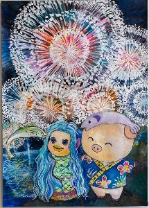 大きく打ち上げられた花火と、あゆコロちゃん、かっぱ、魚が描かれている絵