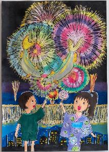 打ち上げ花火と、ナイアガラの花火、魚が飛び跳ねているのを男女2人が見ている絵
