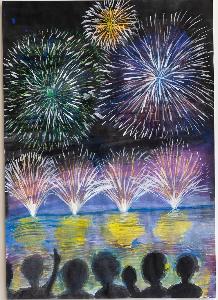 夜空に大きく打ちあがる花火を、見ている観客が描かれている絵