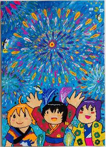 空に大きく打ちあがる花火を観客が両手を上げ見ている絵