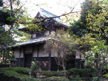 木々に囲まれた釈迦堂の外観写真