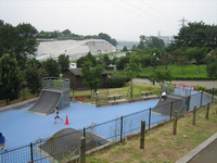 離れた所に3つの障害が設置されているスケートボード場を近くの高台から撮影した写真