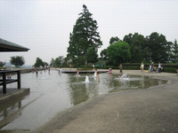 中央に噴水のある浅い池に、子どもたちが入って遊んでいる写真