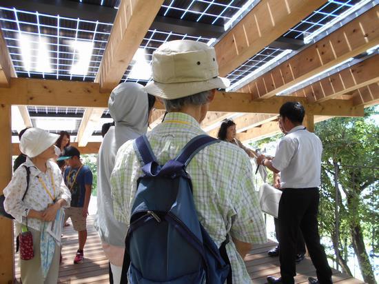 屋根に設置された太陽光パネルの見学をしているツアー参加者の写真