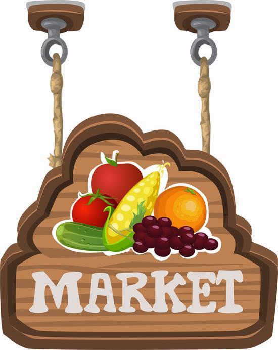 MARKETと文字とトマト、トウモロコシ、ブドウ、オレンジが描かれた吊り看板のイラスト