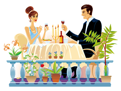 正装した男性と女性がレストランで食事をしているイラスト