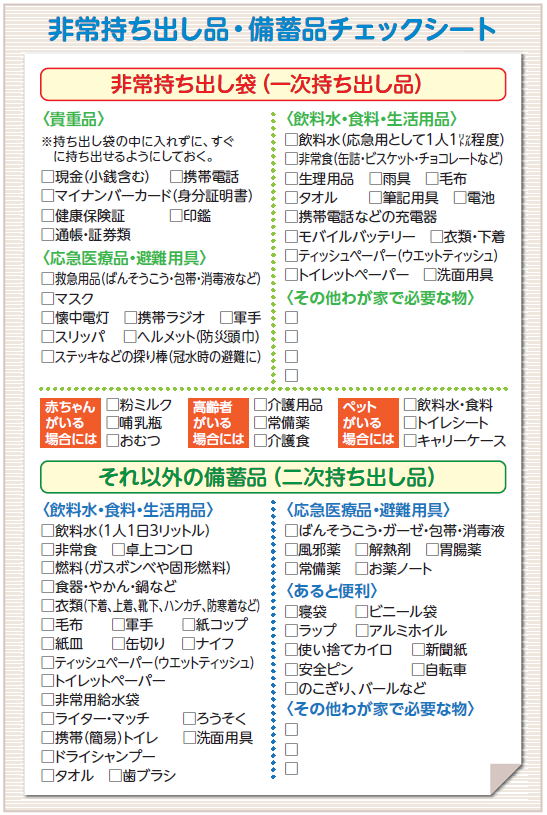 非常持ち出し品、備蓄品チェックリストの画像