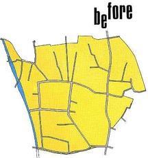 before整理前の区画が黄色で示されている。