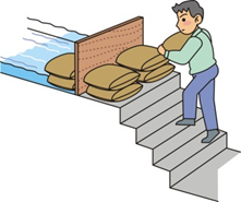 男性が階段に登って止水板の手前に土のうを積んでいるイラスト