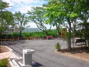 周囲には大きな樹木が植えてあり、水飲み場やベンチ、ブランコが設置されている酒井三田公園の写真