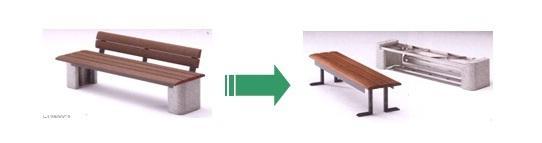 背もたれのあるベンチを分解したら、かまどとテーブルとして使用できるかまどベンチの写真