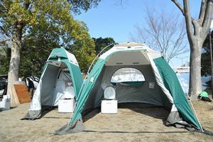 2本の大きな木の間に、緑と白色のツートンカラーの大小のテントが設置されている写真