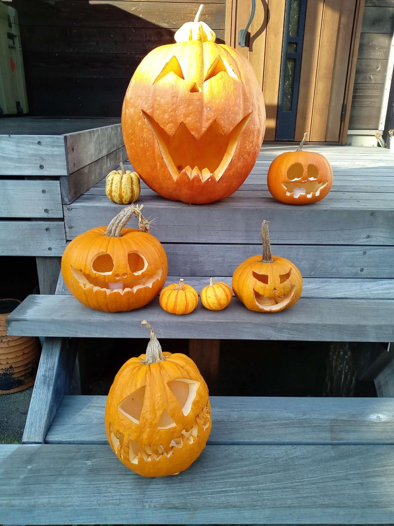 かぼちゃをくり抜いて作られたジャックオーランタンが階段上に何個も並ぶ様子
