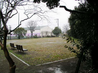 周囲は樹木が点在しており、左側手前に2つのベンチが設置されている広大な広場のある原田公園の写真