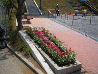右奥のブランコで遊んでいる親子がいる手前に、ピンク色や赤色の花が咲いている花壇の写真