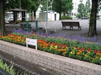 園内奥左側に東屋があり、ベンチと遊具が設置されている手前に紫いろやオレンジ色、赤色などの色とりどりの花が並んで咲いている横長の花壇の写真