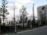 黒色の柵で囲まれた園内には樹木が点在しており、左側にブランコ、隣にピンク色の丸い屋根のコンビネーション遊具などの遊具が設置されている沖原くすのき公園の写真