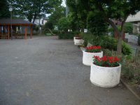 公園の周囲に植えられている樹木の下に、赤色の花が咲いている白色の円柱の花壇が間を開けて設置されている写真