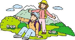 ハイキングをしている男性が野原に座り、女性が男性の後ろに立ち両手を広げているイラスト