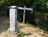 山中に高さ50センチほどの白い石碑が立っている写真