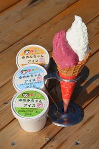 2色のアイスクリームと3種類の紙のパッケージに入ったゆめみちゃんアイスの写真