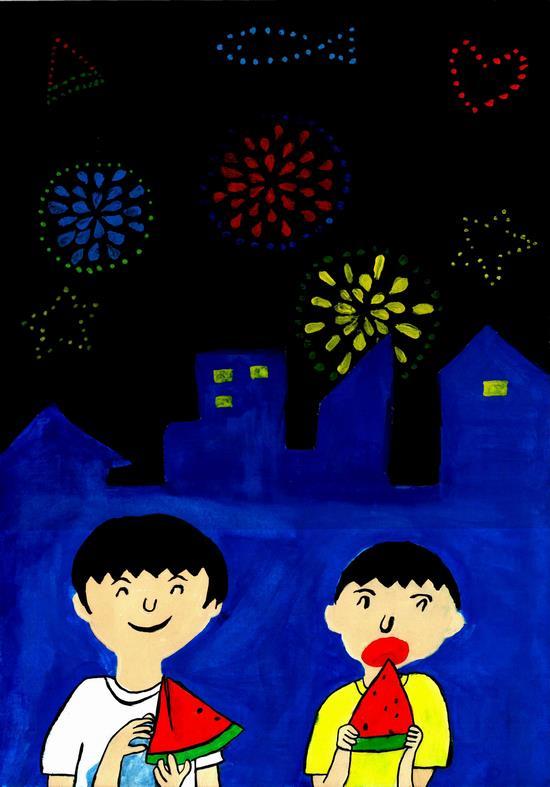 街の上空で開いた花火を見ながらスイカを食べる子どもたちのイラスト