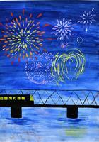 電車が通っている川に掛けられた橋の上に花火が上がっている絵