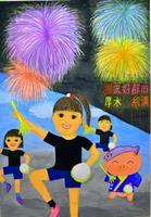 太鼓とばちを持った女の子3人とあゆコロちゃんが踊っている後ろに打ち上げ花火が上がっている絵