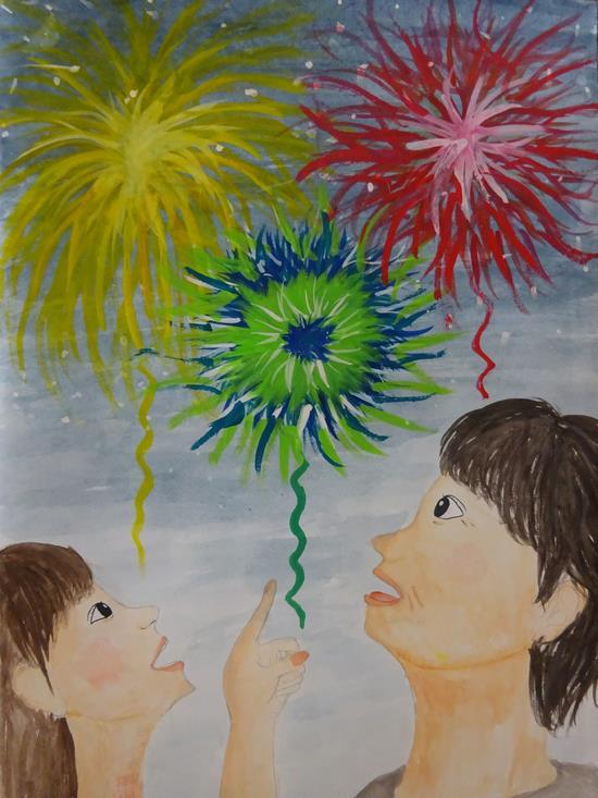 2人の女性が描かれそのうちの1人が花火を指さしながら打ち上げ花火を見ている絵