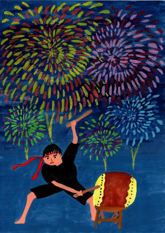 夜空に開いた花火を背景に和太鼓を叩く子どものイラスト