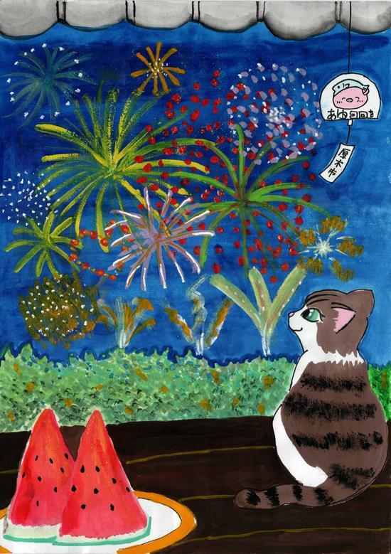 花火の見える縁側に座っている猫と、その隣に置かれたスイカのイラスト