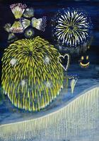 ナイアガラの滝、ハート型、にこちゃんマーク、リボンなど様々な形の打ち上げ花火が上がっている絵