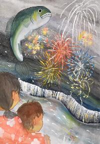 夜空に打ち上げられた花火を2人が見ていて、1匹の鮎が跳ねている様子が描かれた絵
