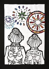 打ちあがる花火を、ゆかたを着た女の子2人が見ている様子が描かれた絵(切り絵）