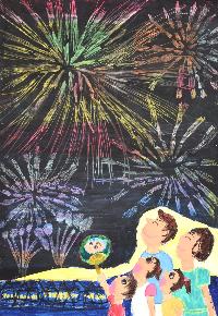 夜空に大きく打ちあがる花火を、見上げている家族が描かれている絵