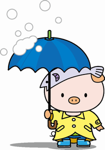 雪が降る中黄色の合羽を着て水色の雨靴を履き青い傘を差しているあゆコロちゃんのイラスト