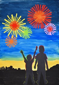 夜空に大きく打ちあがる花火を、見上げている母と子が描かれている絵