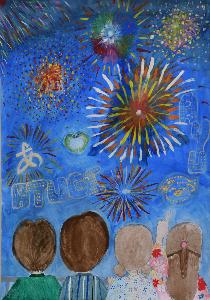 夜空に打ちあがる花火と、周りに厚木と鮎の英語で書かれた花火を男女4人で見ている様子が描かれた絵