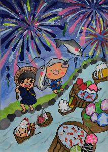 大きく打ち上げられた花火と、女の子とあゆコロちゃんが鮎を釣っている様子が描かれている絵