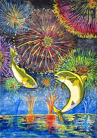 打ち上げ花火と、花火が写った川面、鮎が大きく飛び跳ねている夜空の絵