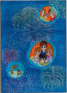 空に打ち上げられている花火と家族や魚が描かれている絵