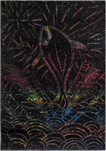 夜空にに打ちあがる花火と、跳ねている魚が描かれている絵
