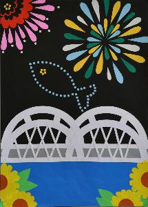 大橋の上で夜空に打ちあがる花火と鮎の形をした花火を描いている絵