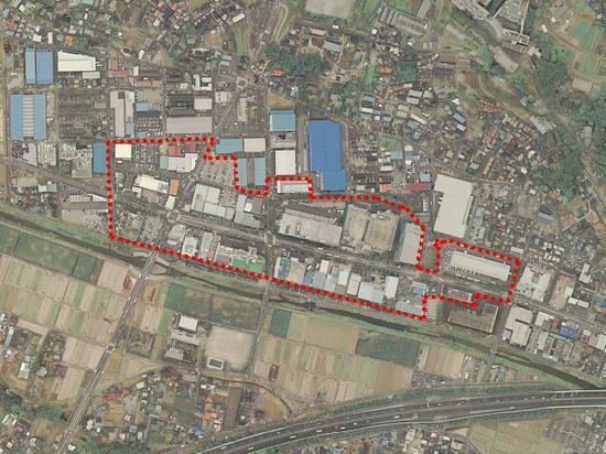 厚木市内を上空から写し、地域まちづくり区域を赤枠で示している写真