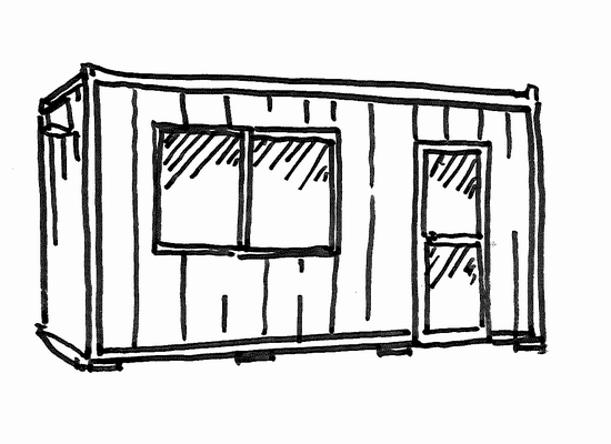 小窓や入口のドアが付いているプレハブ倉庫のイラスト