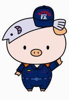 消防士の作業着を着て左手を挙げている子豚のあゆコロちゃんのイラスト