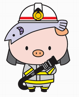 消防士の制服を着た豚がホースを持っているイラスト