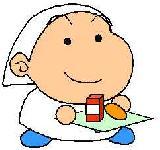 白色の三角巾を頭に被り、エプロンを着用している給太郎が牛乳とパンが置いてあるおぼんを両手で持っているイラスト