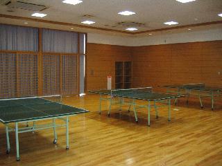 3台の卓球台が設置してある猿ケ島スポーツセンター体育館内の多目的室の写真